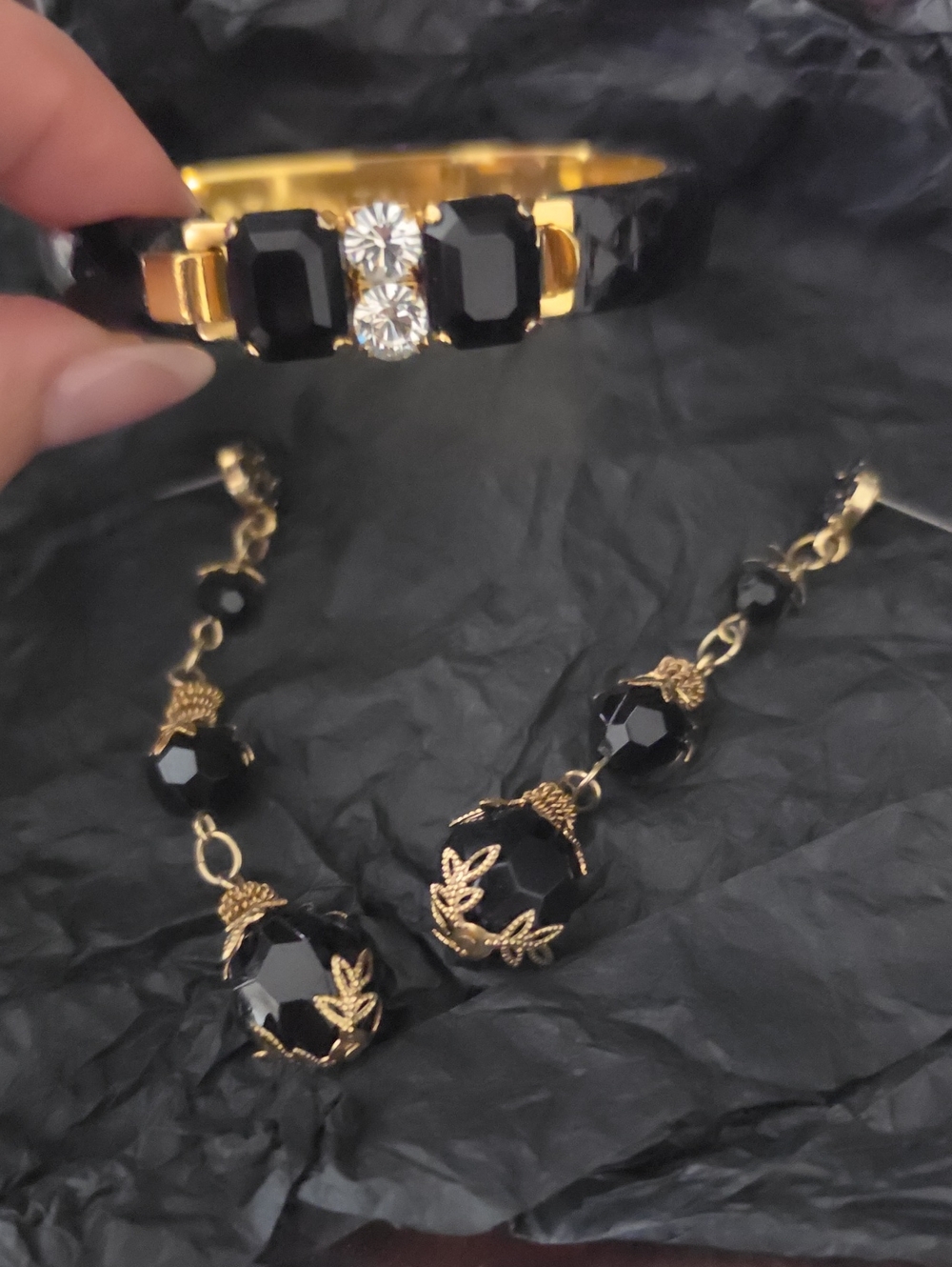 Gold-Tone Bracelet with Black Faceted Stones — Made In Italy